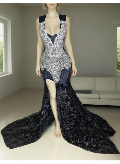 Black V-neck Sleeveless Slit Mermaid Prom Dresses with Handmade flower train
