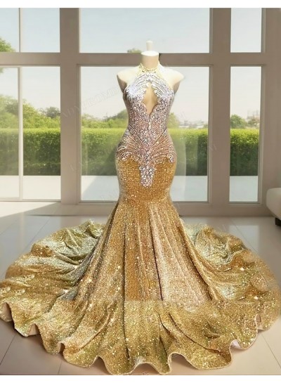 Gold Sequins Halter Sleeveless Ruffles Evening Prom Dresses with Beaded