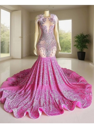 Pink V-neck Sequin Mermaid Sleeveless Tulle Prom Dresses with Feathers