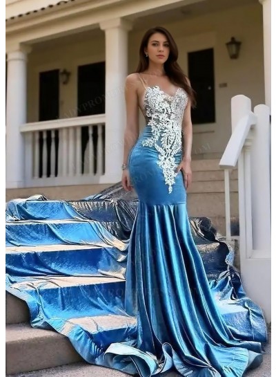 Lake Blue Velvet Sleeveless Mermaid Prom Dresses with Beaded Appliques