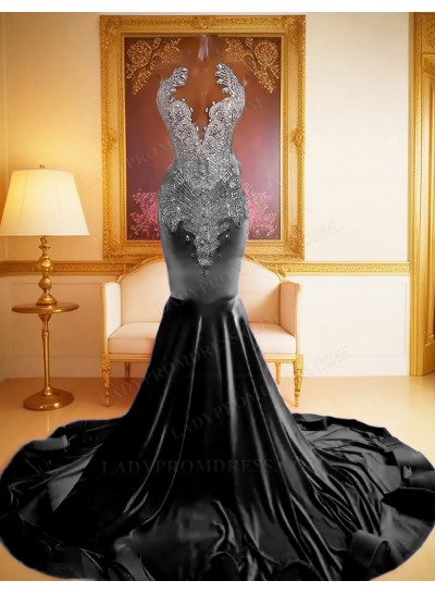 Black Mermaid Satin Prom Dresses with beaded