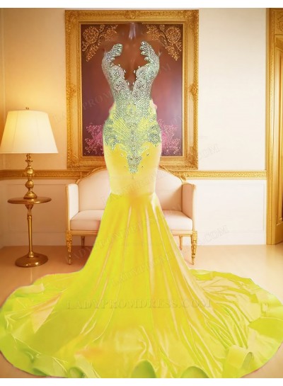 Daffodil Mermaid Satin Prom Dresses with beaded