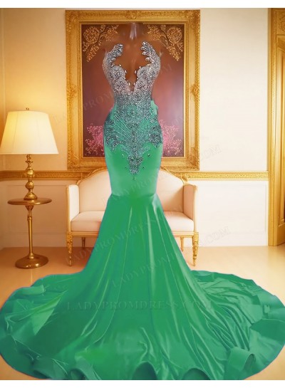 Emerald Mermaid Satin Prom Dresses with beaded