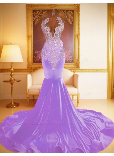 Lilac Mermaid Satin Prom Dresses with beaded
