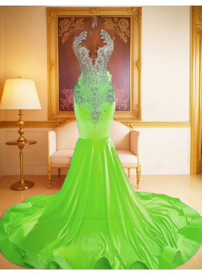 Lime Green Mermaid Satin Prom Dresses with beaded