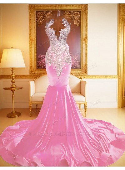 Pale Pink Mermaid Satin Prom Dresses with beaded