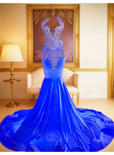 Royal Blue Mermaid Satin Prom Dresses with beaded