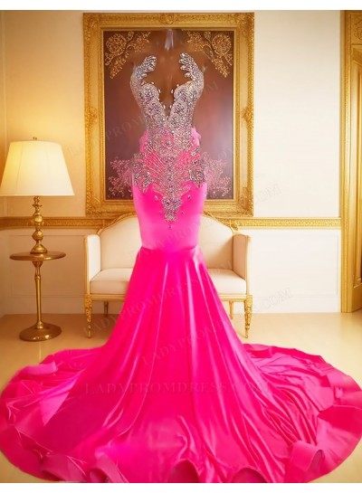 Hot Pink Mermaid Satin Prom Dresses with beaded