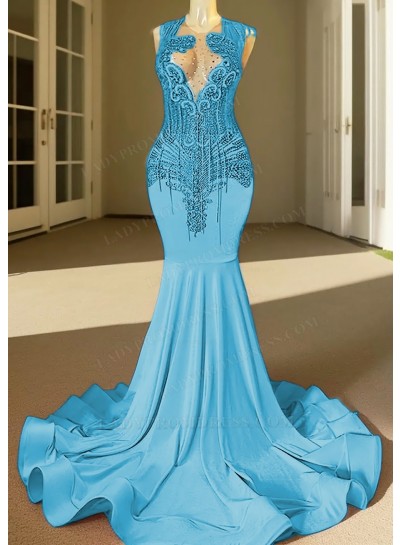 Blue V-neck Beaded Mermaid Prom Dresses