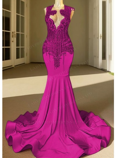 Fuchsia V-neck Beaded Mermaid Prom Dresses