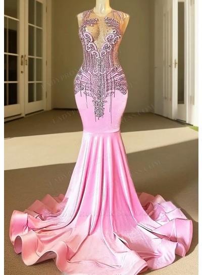 Pink V-neck Beaded Mermaid Prom Dresses