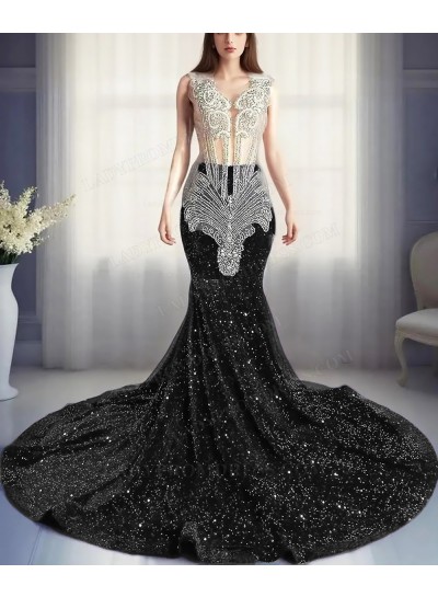 Black Sequins Sheer Top Mermaid Prom Dresses with Beaded