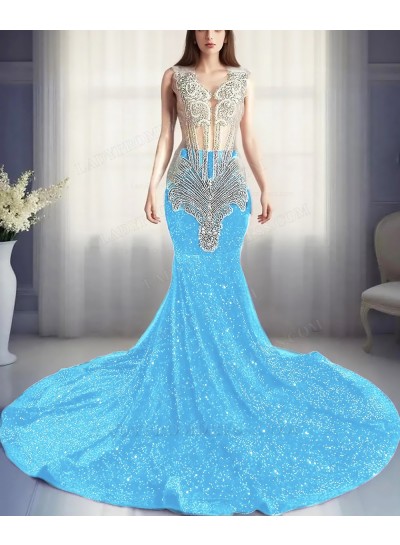 Blue Sequins Sheer Top Mermaid Prom Dresses with Beaded