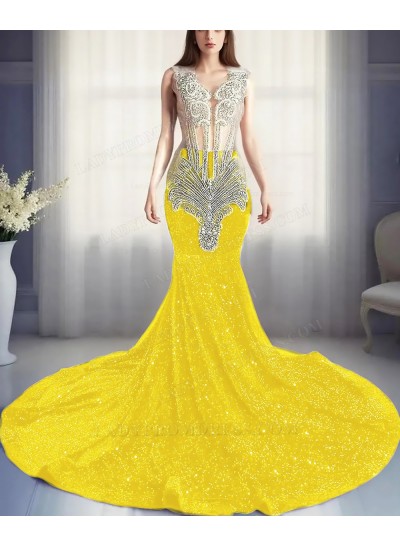 Daffodil Sequins Sheer Top Mermaid Prom Dresses with Beaded