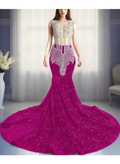 Fuchsia Sequins Sheer Top Mermaid Prom Dresses with Beaded