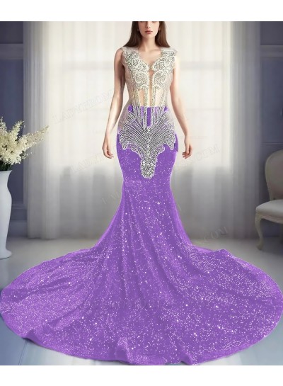 Lilac Sequins Sheer Top Mermaid Prom Dresses with Beaded