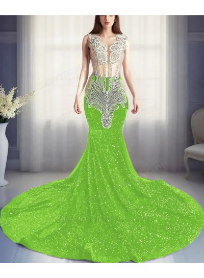 Lime Green Sequins Sheer Top Mermaid Prom Dresses with Beaded