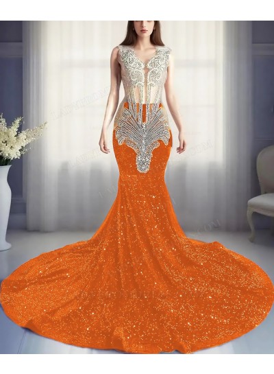 Orange Sequins Sheer Top Mermaid Prom Dresses with Beaded