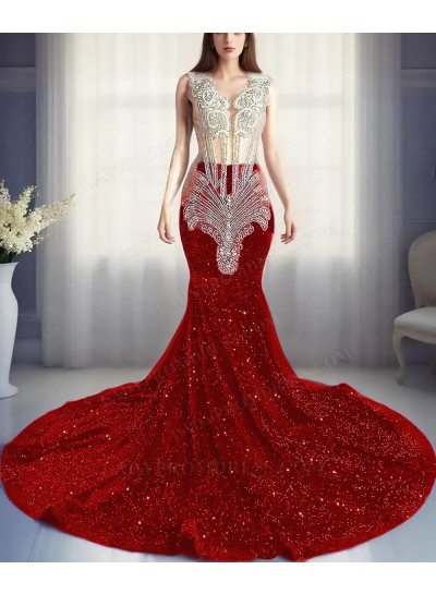 Red Sequins Sheer Top Mermaid Prom Dresses with Beaded