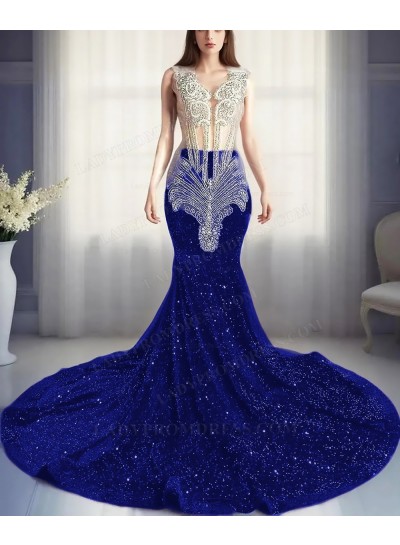 Royal Blue Sequins Sheer Top Mermaid Prom Dresses with Beaded