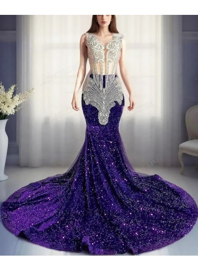 Purple Sequins Sheer Top Mermaid Prom Dresses with Beaded