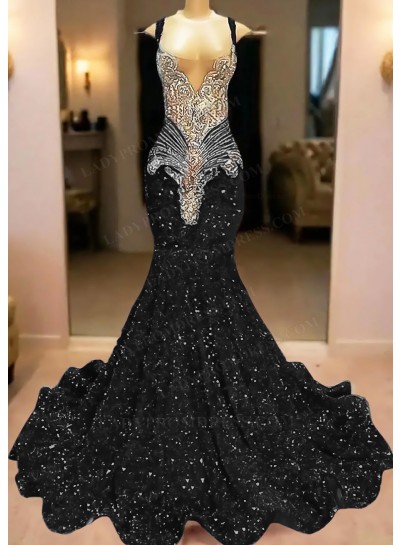 Black V-neck Mermaid Sequins Ruffles Prom Dresses with Beaded