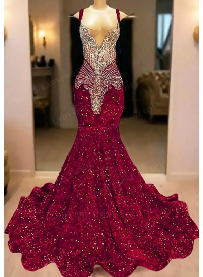 Burgundy V-neck Mermaid Sequins Ruffles Prom Dresses with Beaded