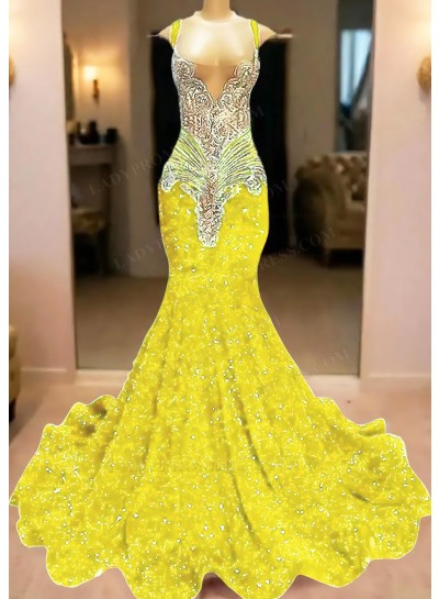 Daffodil V-neck Mermaid Sequins Ruffles Prom Dresses with Beaded