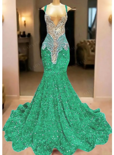 Emerald V-neck Mermaid Sequins Ruffles Prom Dresses with Beaded