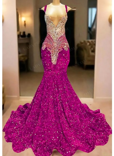 Fuchsia V-neck Mermaid Sequins Ruffles Prom Dresses with Beaded