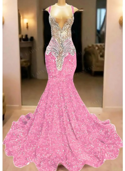 Pale Pink V-neck Mermaid Sequins Ruffles Prom Dresses with Beaded