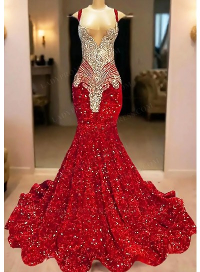 Red V-neck Mermaid Sequins Ruffles Prom Dresses with Beaded
