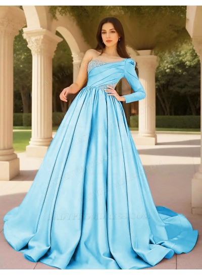 Blue Ball Gown Satin One Shoulder Formal Prom Dresses with Beaded
