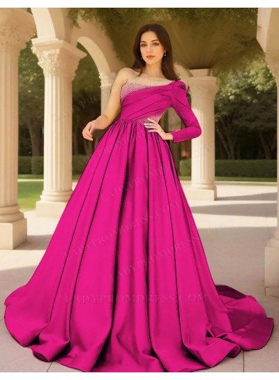 Fuchsia Ball Gown Satin One Shoulder Formal Prom Dresses with Beaded