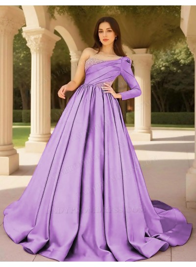 Lilac Ball Gown Satin One Shoulder Formal Prom Dresses with Beaded