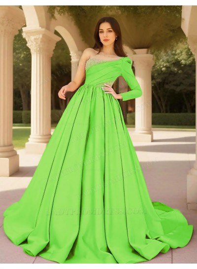 Lime Green Ball Gown Satin One Shoulder Formal Prom Dresses with Beaded
