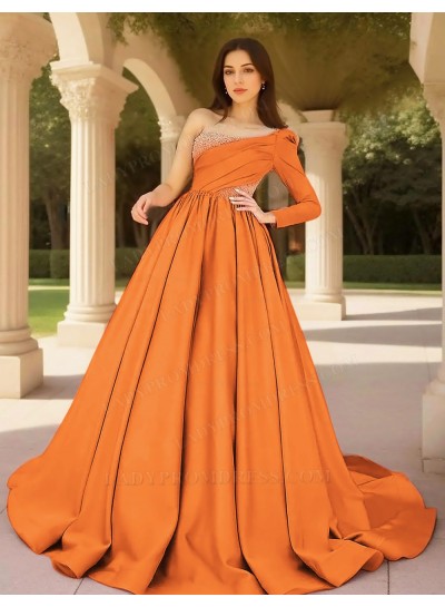 Orange Ball Gown Satin One Shoulder Formal Prom Dresses with Beaded