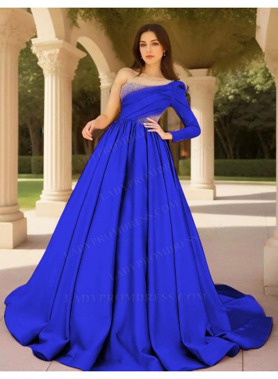 Royal Blue Ball Gown Satin One Shoulder Formal Prom Dresses with Beaded