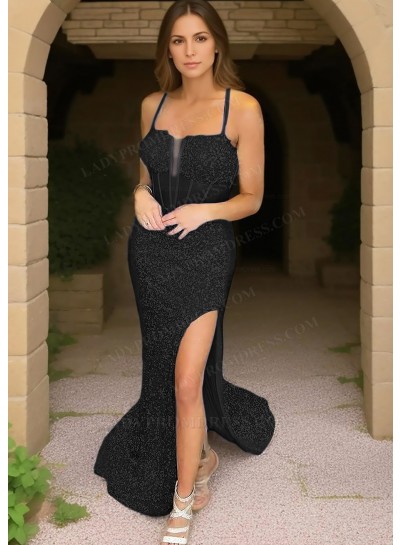 Black Spaghetti Straps Sequins High Split Prom Dresses