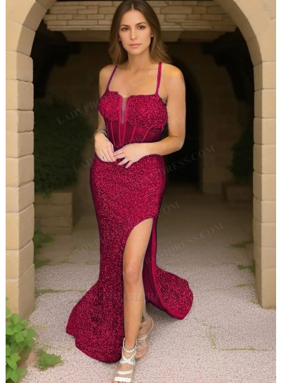 Burgundy Spaghetti Straps Sequins High Split Prom Dresses