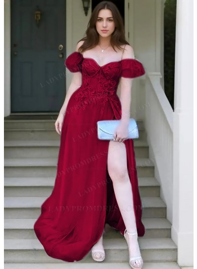 Burgundy A-line Off Shoulder Tulle Appliques High Slit Prom Dresses