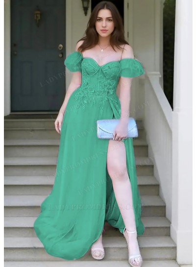 Emerald A-line Off Shoulder Tulle Appliques High Slit Prom Dresses