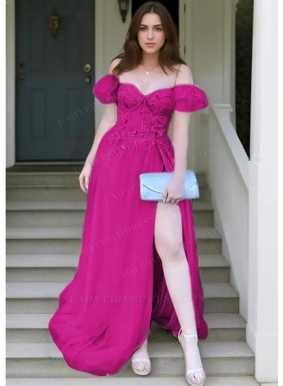 Fuchsia A-line Off Shoulder Tulle Appliques High Slit Prom Dresses