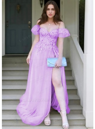 Lilac A-line Off Shoulder Tulle Appliques High Slit Prom Dresses