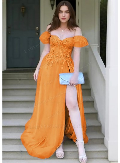 Orange A-line Off Shoulder Tulle Appliques High Slit Prom Dresses