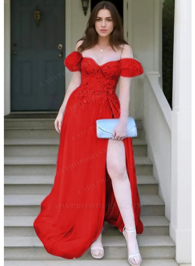 Red A-line Off Shoulder Tulle Appliques High Slit Prom Dresses