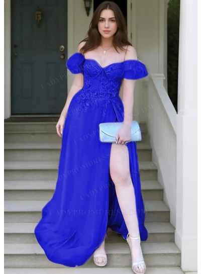 Royal Blue A-line Off Shoulder Tulle Appliques High Slit Prom Dresses