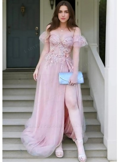 Pink A-line Off Shoulder Tulle Appliques High Slit Prom Dresses