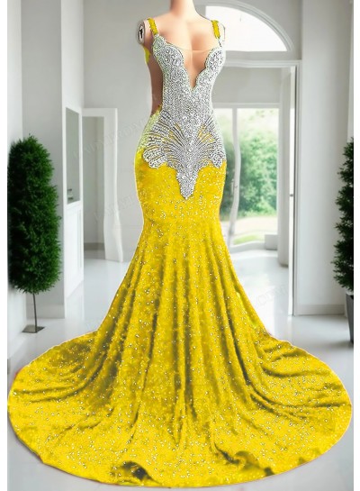 Daffodil Sleeveless Mermaid Sequin Prom Dresses with Sheer Appliques