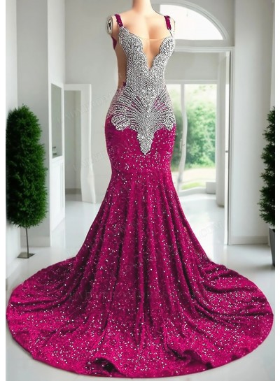 Fuchsia Sleeveless Mermaid Sequin Prom Dresses with Sheer Appliques